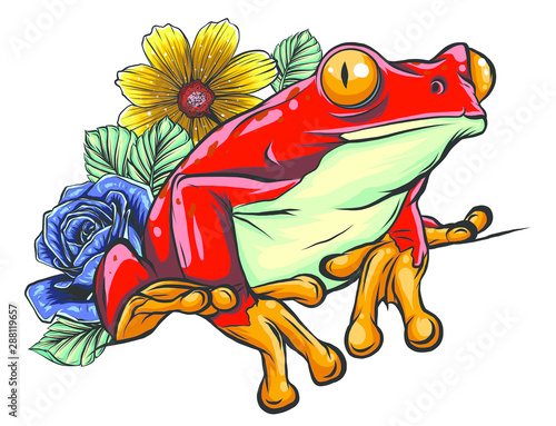 animal Red frog with flower vector illustration photo