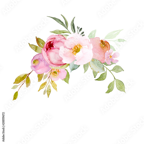 An arrangement of watercolor flowers and leaves. Hand drawn illustration