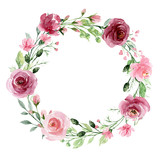 Wreath, floral frame, watercolor flowers roses, Illustration hand painted. Isolated on white background. Perfectly for greeting card design. 