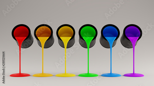Rainbow Spectrum Paint Tins Pouring Out Front View 3d illustration 3d render