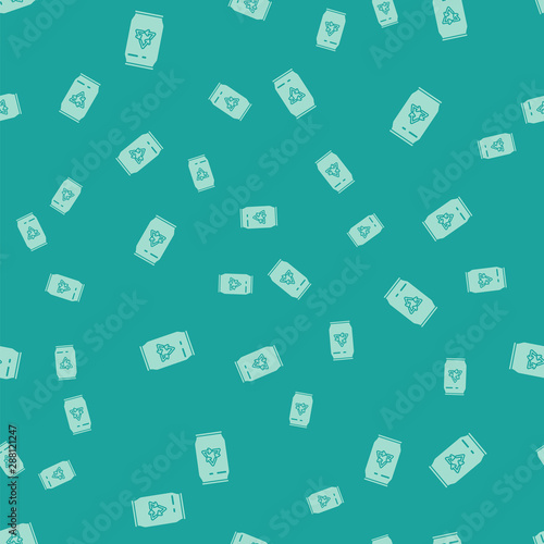 Green Can with recycle symbol and can icon isolated seamless pattern on green background. Trash can icon. Garbage bin sign. Recycle basket sign. Vector Illustration