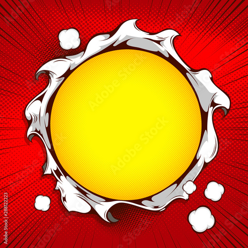 comic cover template, picture The circle of paper is torn in the middle on red background, flyer brochure speech bubbles, doodle art, Vector illustration, you can place relevant content on the area.