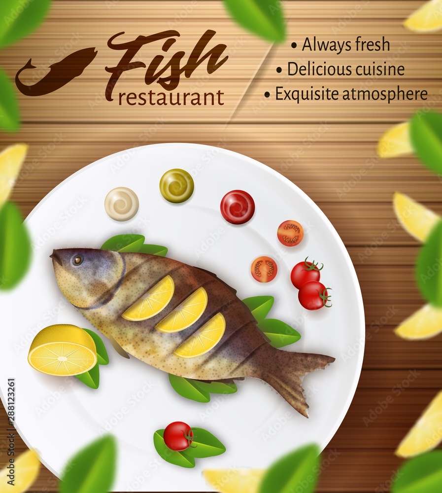 Seafood Restaurant Banner. Fresh Tasty Fried Fish Stock Vector