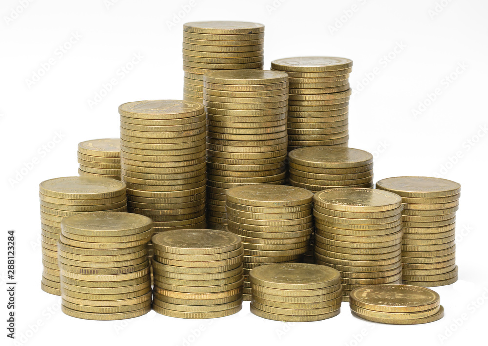 Saving money concept with isolated on white background, coin stack growing business, save money for investment. White background Saving money concept with isolated on white background, coin stack growing business, save money for investment. White background