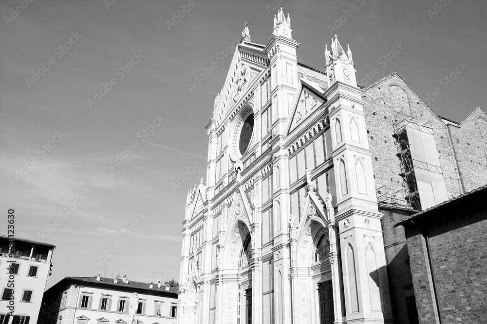 Florence Italy. Basilica Santa Croce. Black and white vintage style.