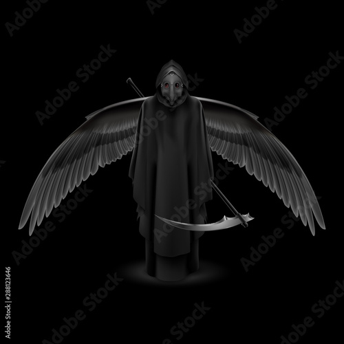 Plague Doctor with Huge Wings Over Black Background. Medieval Death Symbol Plague Doctor Mask Isolated on Black Background for Web, Poster, Info Graphic