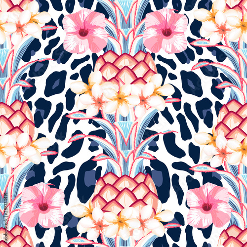 Hawaii summer print with  hibiscus, pineapple and leopard skin elemants.  Tropical seamless pattern. Vector illustration. Watercolor style. Animal print