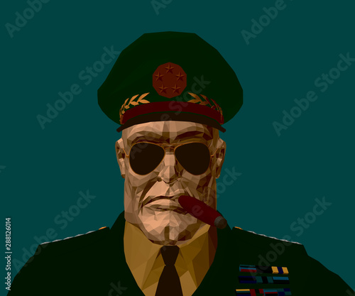 Portrait of a general with glasses and a cigar. Polygonal military uniform. 3D. Vector illustration.