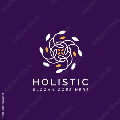Holistic medical and health wellness logo design with leaf line pattern in gold white purple color