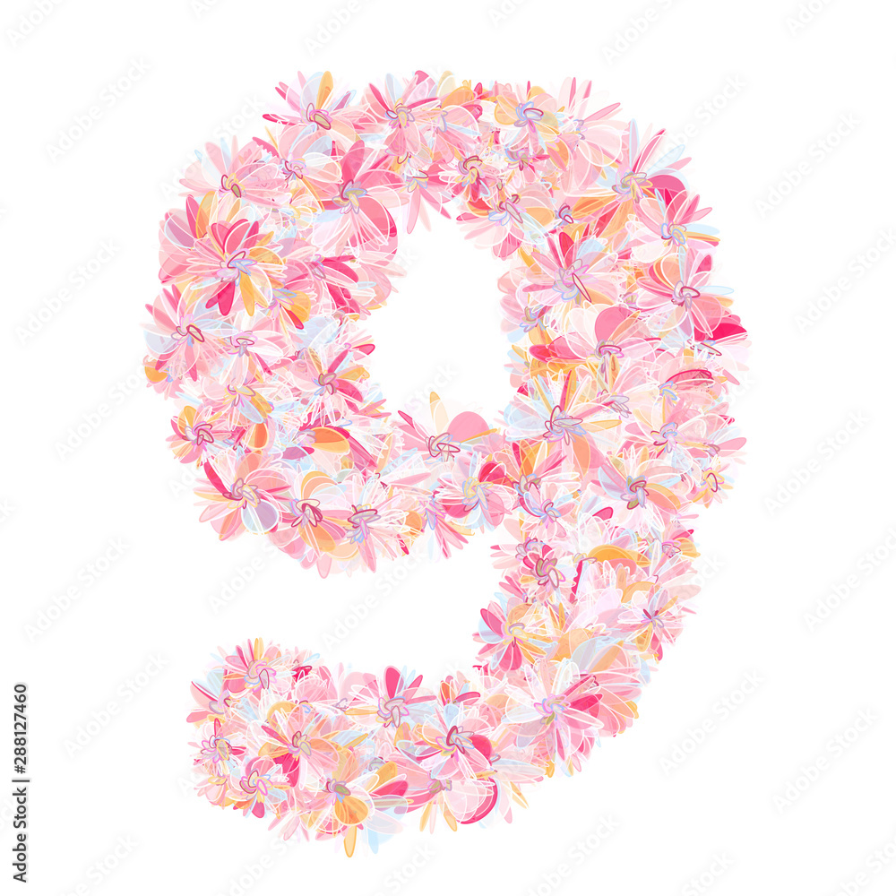 Floral number nine 9. Isolated fine detailed design element for advertising. Flower font character.