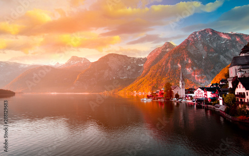 Beautiful of Scenic view which famous Hallstatt mountain village with Hallstatter lake as colourful fall in the morning.