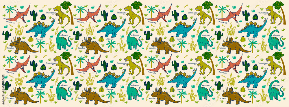 seamless pattern with dinosaurs, trees and fern