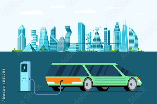 Green electric car back side view at refuelling power charging station on future city. Modern e-vehicle technology and environment care concept. Urban electricity vector illustration