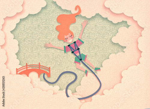 girl jumping with bungee among the clouds