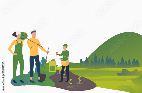 Healthy family planting in garden. Holiday, children, parents, summer. Happy family concept. Vector illustration for website, landing page, online store