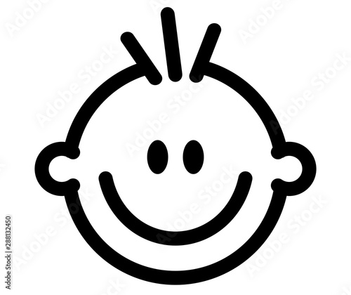Icon eines lustigen Kindergesichts mit Strubbelhaaren / schwarz-weiß, Vektor, freigestellt