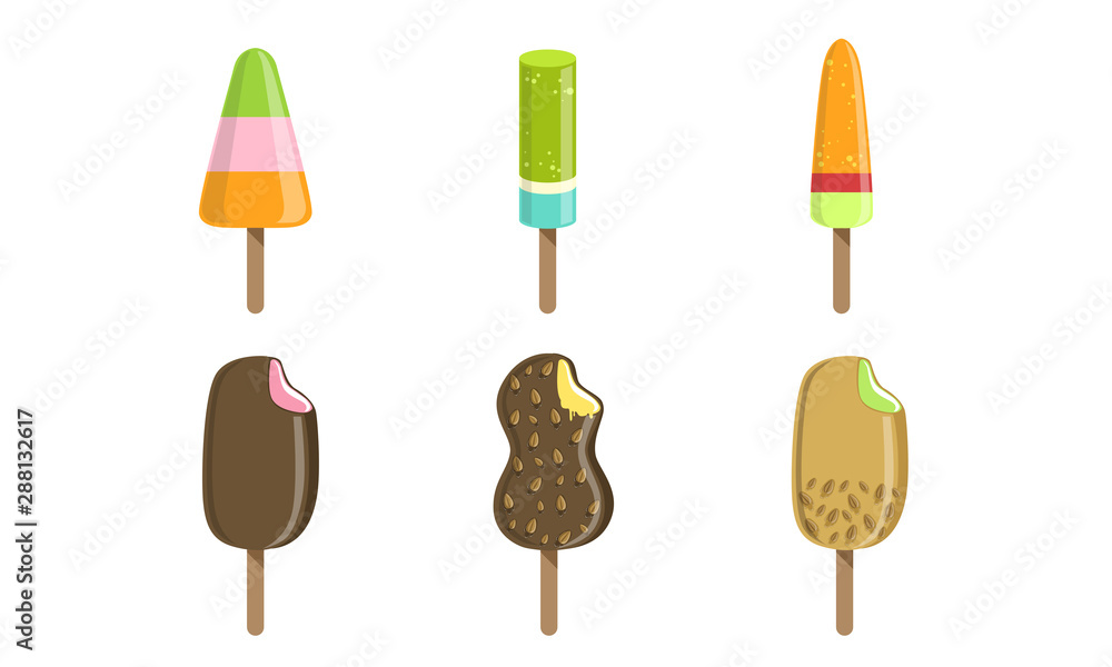 Collection of Ice Cream, Colorful Chocolate and Fruit Popsicles Vector Illustration Collection of Ice Cream, Colorful Chocolate and Fruit Popsicles Vector Illustration