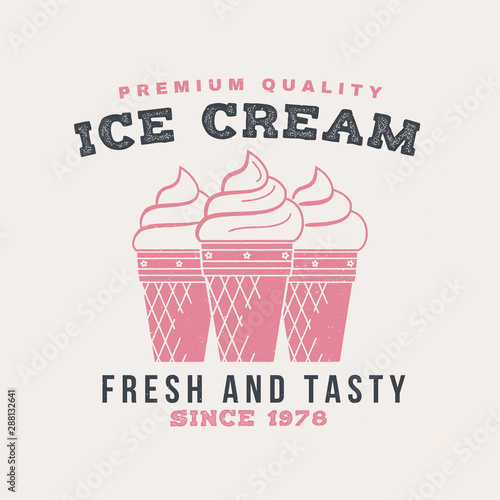 Hot and fresh donuts retro badge design. Vintage design for cafe  restaurant  pub or fast food business. Template with ice cream for restaurant identity objects  packaging and menu