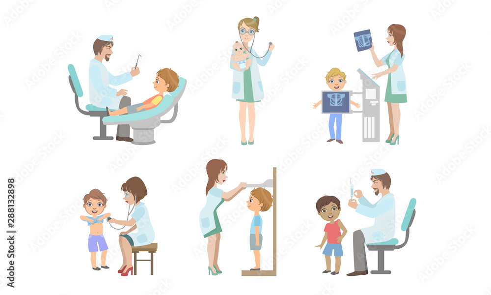 Doctors Doing Medical Examination of Kids Set, Medical Staff Giving Treatment to Little Patients Vector Illustration