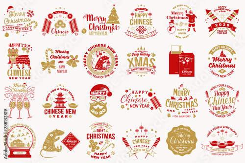 Set of Merry Christmas and happy Chinese New Year design in retro style. Vector. Vintage typography design for chinese new year and xmas emblem.