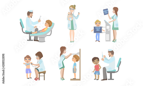 Doctors Doing Medical Examination of Kids Set, Medical Staff Giving Treatment to Little Patients Vector Illustration