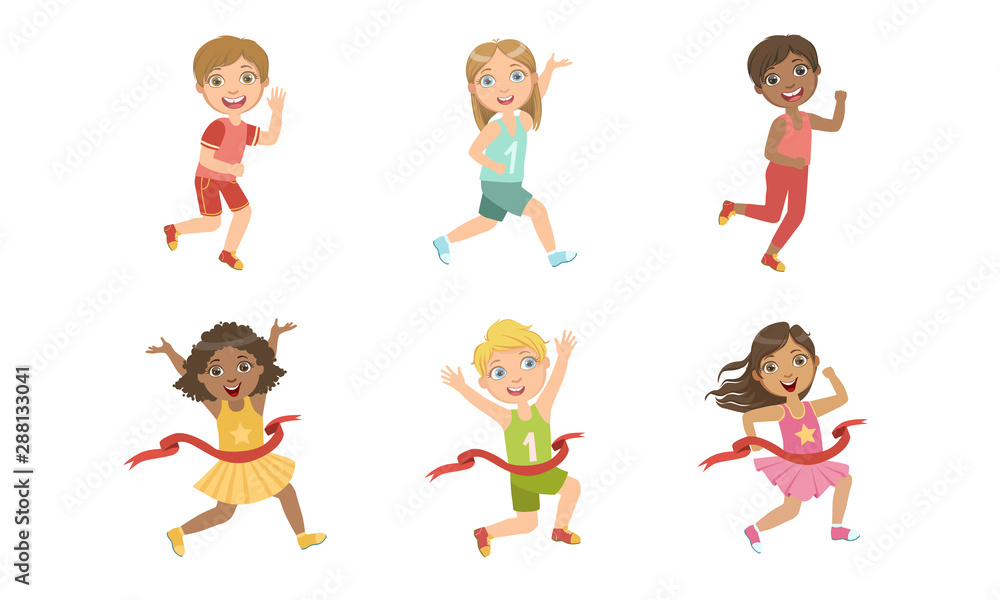 Kids Running Set, Adorable Boys and Girls Doing Sport, Taking Part at Running Competition, Marathon Vector Illustration Kids Running Set, Adorable Boys and Girls Doing Sport, Taking Part at Running Competition, Marathon Vector Illustration