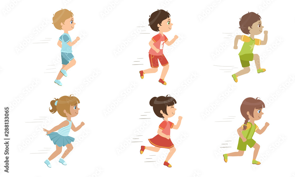 Cute Kids Running Set, Adorable Boys and Girls Doing Sport, Taking Part at Running Competition, Marathon Vector Illustration