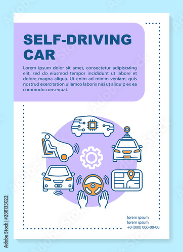 Self-driving car brochure template layout. Autonomous vehicle. Flyer, booklet, leaflet print design with linear illustrations. Vector page layouts for magazines, annual reports, advertising posters
