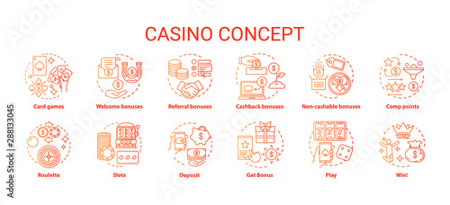 Casino concept icons set. Online games of chance and bonuses idea thin line illustrations. Slot machines, card games, roulette. Gambling. Vector isolated outline drawings pack
