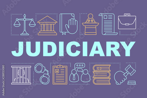 Judiciary word concepts banner. Judicial system. Criminal court. Presentation, website. Offender punishment. Isolated lettering typography idea with linear icons. Vector outline illustration