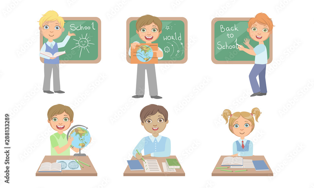 Kid Reading Books Set, Cute Elementary School Students Studying at School Vector Illustration