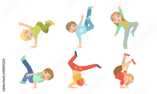 Kids Dancing Break Dance Set, Boys and Girls Performing Modern Dance Vector Illustration