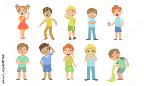 Sick Kids Characters Set, Boys and Girls Suffering From Different Symptoms Vector Illustration