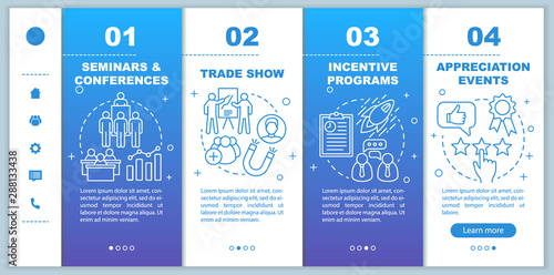 Corporate event management onboarding mobile web pages vector templatesponsive smartphone website interface idea with linear illustrations. Webpage walkthrough step screens. Color concept