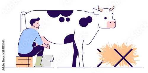 Farmer milking cow flat vector character. Livestock, cattle agriculture and animal husbandry. Dairy farm cartoon concept with outline. Rural man working in cowshed isolated illustration on white