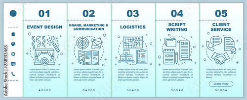 Event management, planning onboarding mobile web pages vector template