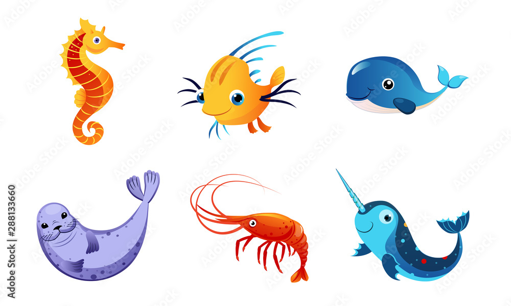 Cute Friendly Sea Creatures Set, Colorful Adorable Marine Fishes and Animals  Vector Illustration Stock Vector | Adobe Stock