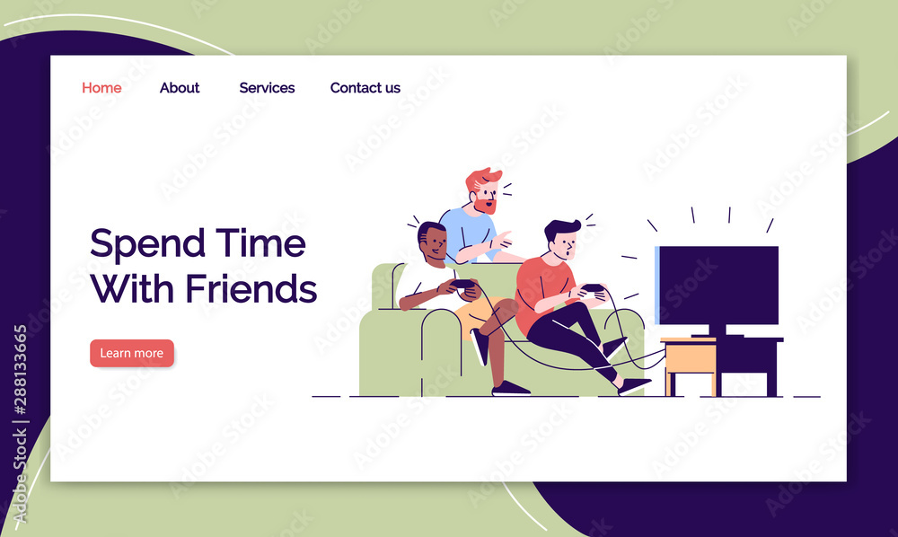 Friends leisure landing page vector templates set. Playing video games website interface idea with flat illustrations. Gamers homepage layout. Outline people fun web banner, webpage cartoon concept Friends leisure landing page vector templates set. Playing video games website interface idea with flat illustrations. Gamers homepage layout. Outline people fun web banner, webpage cartoon concept