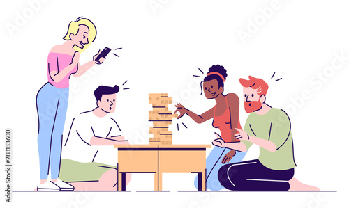 Friends playing jenga flat vector illustrations. Couples enjoy table game. Girls pulling wooden block from tower, taking photos isolated cartoon characters with outline elements on white background