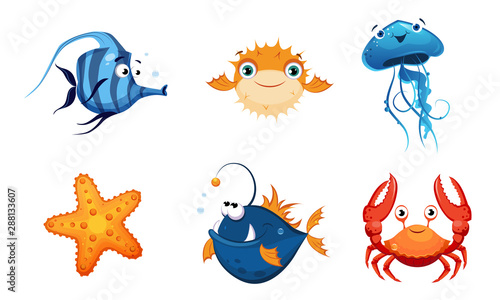 Cute Friendly Sea Creatures Set, Colorful Sea Fishes and Animals Vector Illustration