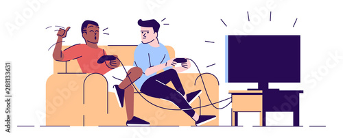 Boys rivalry in videogame flat vector illustration. Students, roommates holding joysticks. Happy winner, disappointed loser isolated cartoon characters with outline elements on white background