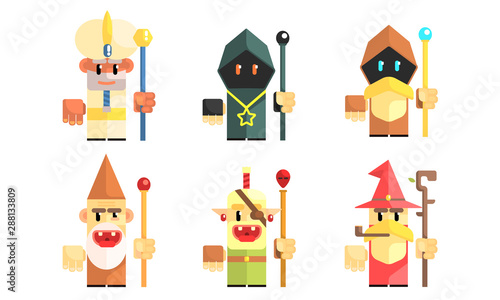 Cnomes Dwarves with Magical Staves Set, Fairy Tale Design Elements, Fantasy Game Heroes Vector Illustration