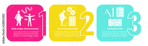 Body health vector infographic template. Fat percentage. Healthcare presentation design elements. Data visualization with three steps and options. Process timeline chart. Workflow layout, linear icons