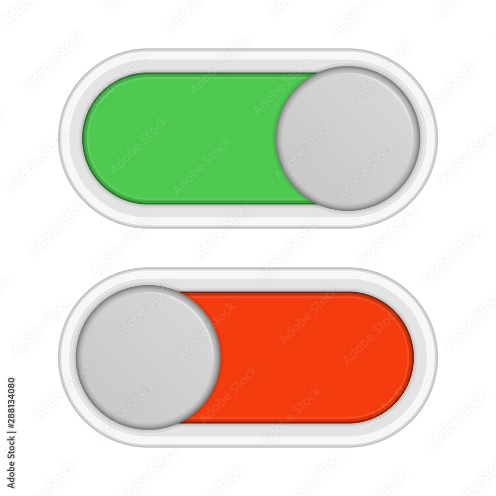 Toggle switch icon, on, off position. Modern selector green, white and red colors. Template for mobile applications, web design. Design elements in flat style for user interface. Vector illustration. Toggle switch icon, on, off position. Modern selector green, white and red colors. Template for mobile applications, web design. Design elements in flat style for user interface. Vector illustration.