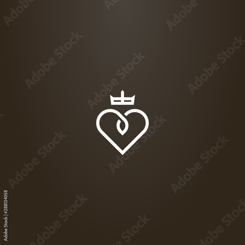 white sign on a black background. simple vector line art sign of the heart and crown above it