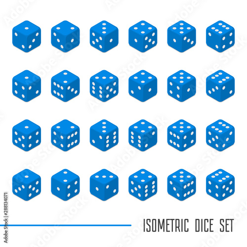 24 isometric dice. Twenty-four variants blue game cubes isolated on white background. All possible turns authentic collection icons in realistic style. Gambling concept. Vector illustration EPS 10.