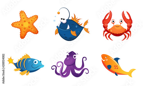 Cute Friendly Sea Creatures Set, Colorful Adorable Marine Animals Vector Illustration