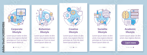 Lifestyle types onboarding mobile app page screen with linear concepts. Corporate, bohemian, creative life style walkthrough steps graphic instructions. UX, UI, GUI vector template with illustrations