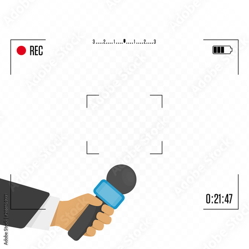 Hand holding microphone. Focus TV and live report with camera frame. Breaking news, journalism, live news or reporters interviews concept. Mic in hands of man. Vector illustration in flat style EPS 10