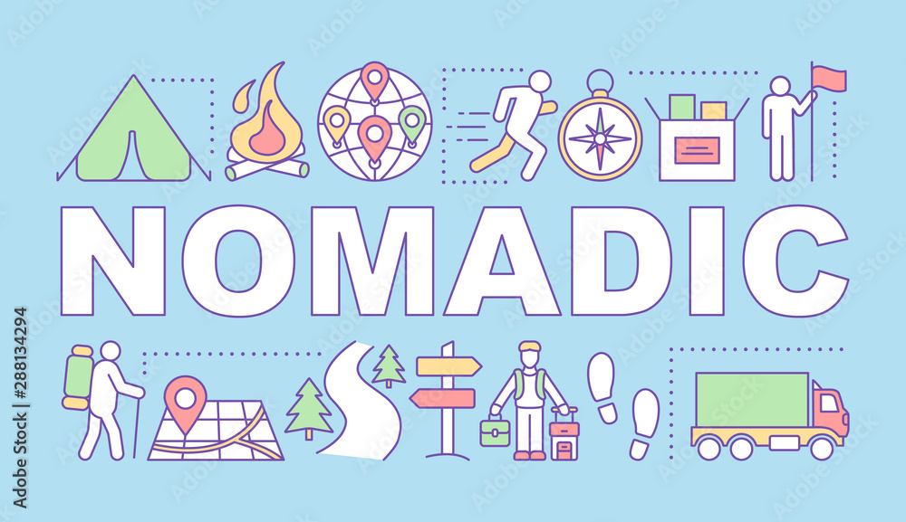Nomadic word concepts banner. Moving from place to place. Living with no permanent residence. Presentation, website. Isolated lettering typography idea with linear icons. Vector outline illustration Nomadic word concepts banner. Moving from place to place. Living with no permanent residence. Presentation, website. Isolated lettering typography idea with linear icons. Vector outline illustration